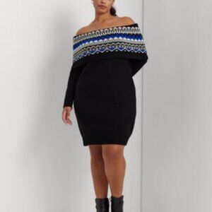 NWT Lauren Ralph Lauren black and blue cowl neck sweater dress wool size 2X